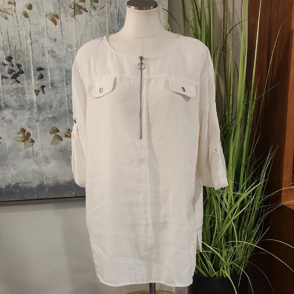Ellen Tracy White Linen Tunic Shirt  Roll Tab Sleeve Women's Size L